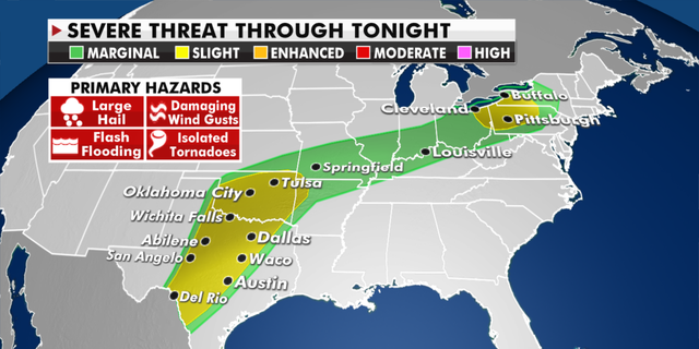 The current risk of severe weather Wednesday. (Fox News)
