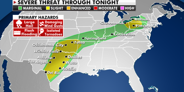 The current risk of severe weather Wednesday. (Fox News)