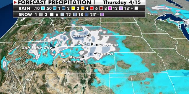 Expected snowfall totals in the West through Thursday. (Fox News)