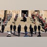 A minute of silence is observed at St George's Chapel for the funeral of Britain's Prince Philip inside Windsor Castle in Windsor, England, Saturday, April 17, 2021. (Kirsty Wigglesworth/Pool via AP)