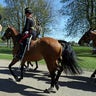 A man raises a bowler to The King's Troop Royal Horse Artillery as they ride toward Windsor Castle in Windsor, England, on Saturday, April 17, 2021, ahead of the funeral of Britain's Prince Philip. Prince Philip died April 9 at the age of 99 after 73 years of marriage to Queen Elizabeth II. (Andrew Matthews/PA via AP)