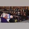 Mourners including, front row from left, Kate, Duchess of Cambridge, Prince William, Prince Edward, Viscount Severn, Lady Louise Mountbatten-Windsor, Sophie, Countess of Wessex, Camilla, Duchess of Cornwall and Prince Charles during the funeral of Prince Philip at St George's Chapel in Windsor Castle on Saturday. Philip died April 9 at the age of 99 after 73 years of marriage to Queen Elizabeth II. Back row, from left, the Earl of Snowdon, Peter Phillips, Mike Tindall, Zara Tindall, Jack Brooksbank, Princess Eugenie, Edoardo Mapelli Mozzi and Princess Beatrice. (Dominic Lipinski/Pool via AP)