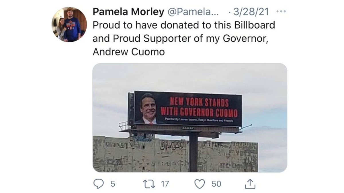 A tweet from Pamela Morley, a supporter of New York Gov. Andrew Cuomo who has targeted his accuser Lindsey Boylan online. Twitter screenshot