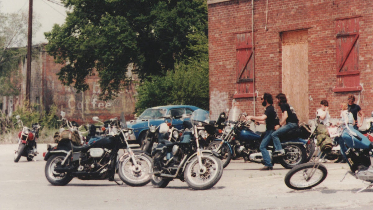 Bikers outside of Lori Arnold’s bar the Wild Side in 1980s.