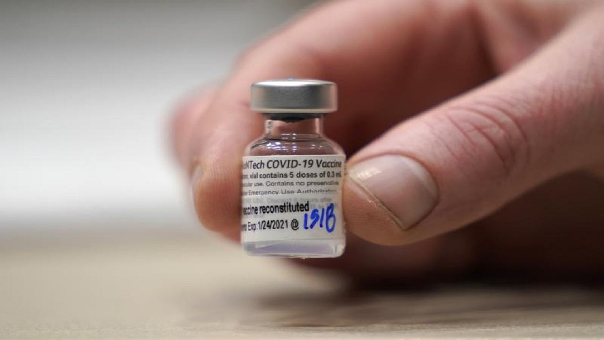 This Jan. 24, 2021, file photo shows a vial of the Pfizer vaccine for COVID-19 in Seattle, Wash. 