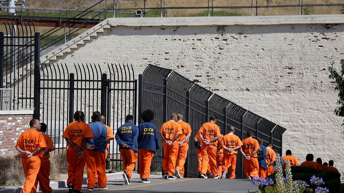A row of general population inmates walk in a line at San Quentin State Prison in San Quentin, Calif. (AP Photo/Eric Risberg, File)