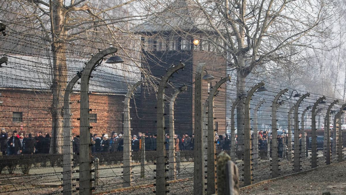 In this file photo taken Jan. 27, 2020, people are seen arriving at the site of the Auschwitz-Birkenau Nazi German death camp, where more than 1.1 million were murdered, in Oswiecim, Poland, for observances marking 75 years since the camp's liberation.