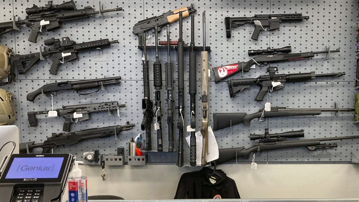 Guns on display wall at Oregon gun shop