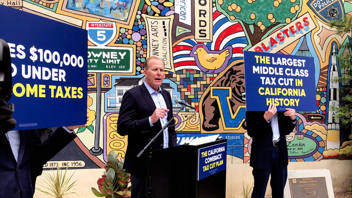 FILE: Kevin Faulconer, a Republican candidate for California governor, speaks during a news conference in Downey, Calif, where he announced his $15 billion tax-cut proposal. 