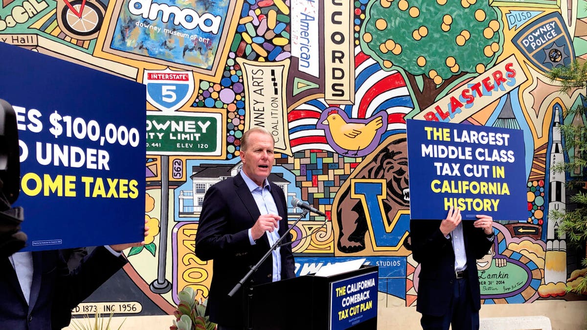 FILE: Kevin Faulconer, a Republican candidate for California governor, speaks during a news conference in Downey, Calif, where he announced his $15 billion tax-cut proposal.?