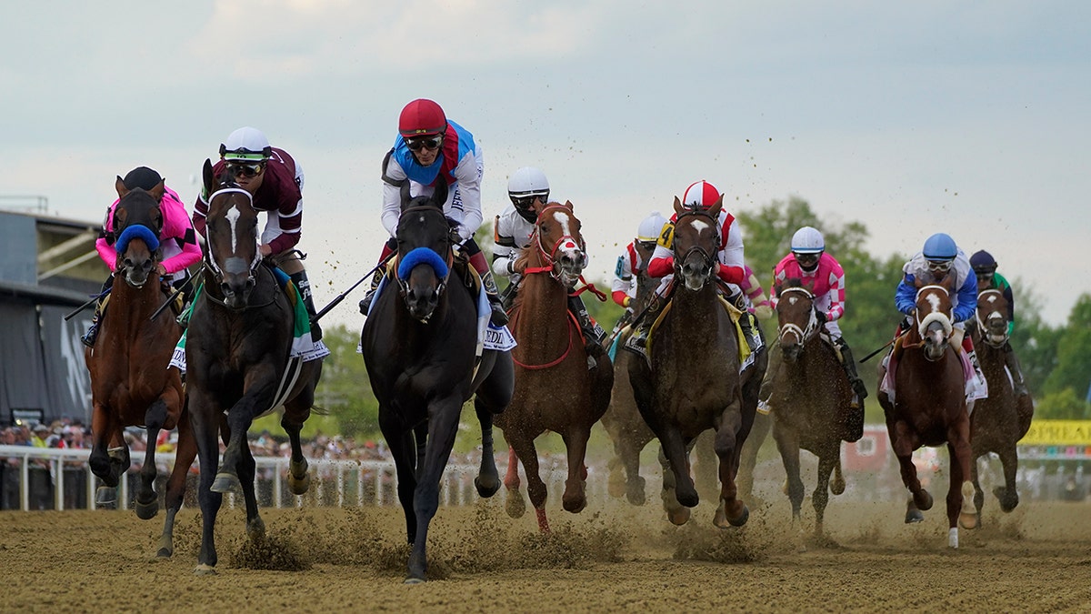 John Velazquez atop Medina Spirit, center left, leads the pack out of the gates during the 146th Preakness Stakes horse race at Pimlico Race Course, Saturday, May 15, 2021, in Baltimore.