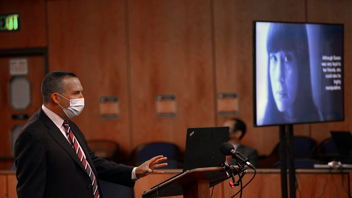Deputy District Attorney John Lewin begins opening statements in the trial of Robert Durst, the real estate scion charged with murder of longtime friend Susan Berman, at Los Angeles County Superior Court, Tuesday, May 18, 2021, in Inglewood, Calif. (Al Seib/Los Angeles Times via AP, Pool)
