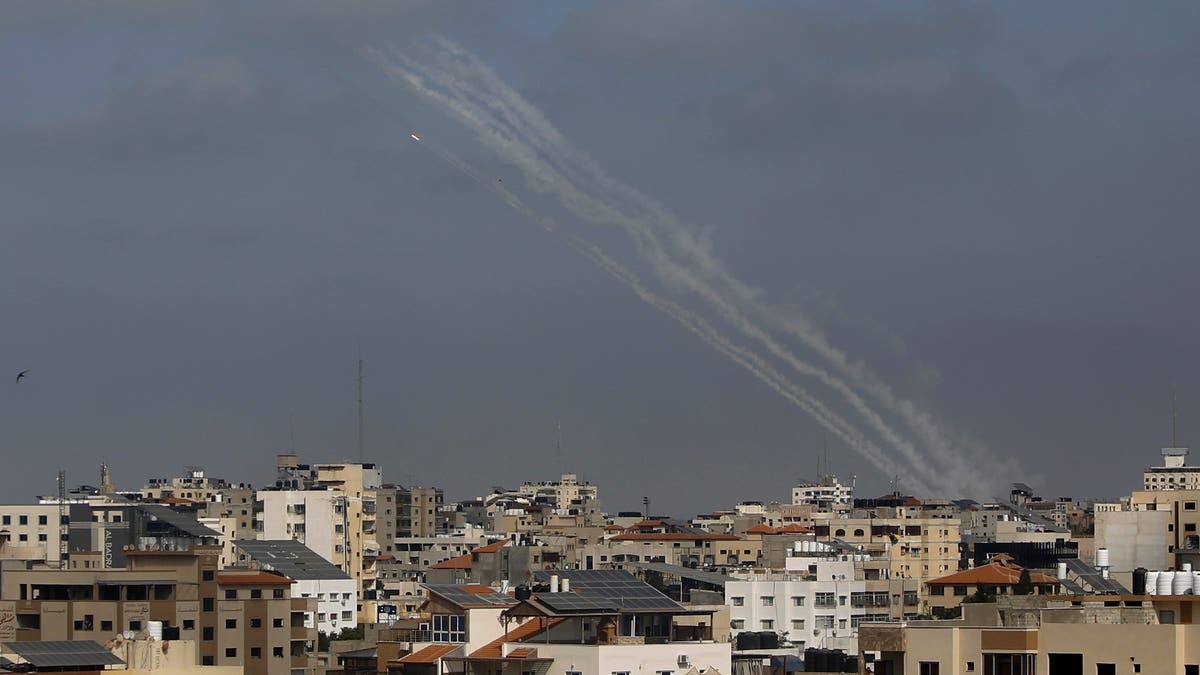 A rocket is launched from the Gaza Strip towards Israel, in Gaza City, Thursday, May 20, 2021. (AP Photo/Hatem Moussa)