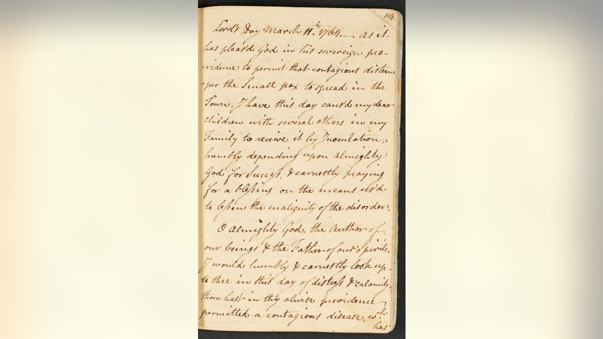 In this image provided by the American Ancestors &amp; New England Historic Genealogical Society, a digitized copy of a page from a handwritten 18th century diary by the Rev. Ebenezer Storer, during a period of smallpox, in Boston, shows a March 1764 entry that includes a prayer Storer wrote after arranging to have his own children inoculated. In the prayer, Storer praises the discovery of means used in the late 18th century to treat the disease. (American Ancestors &amp;amp; New England Historic Genealogical Society via AP)