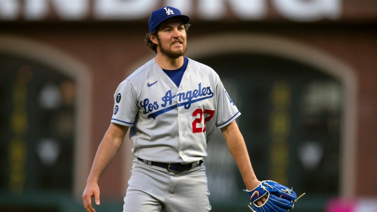 Los Angeles Dodgers starting pitcher Trevor Bauer reacts to a pitch call during the fourth inning of the team's baseball game against the San Francisco Giants, Friday, May 21, 2021, in San Francisco. (AP Photo/D. Ross Cameron)