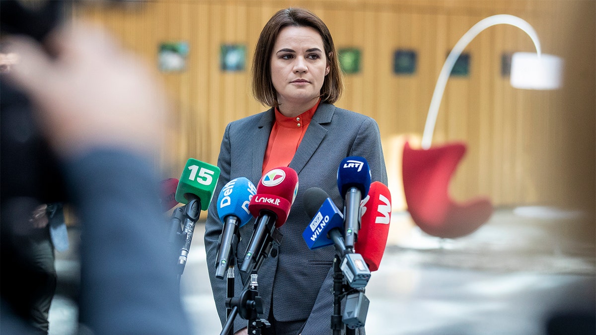 Belarusian opposition leader Sviatlana Tsikhanouskaya speaks during her news conference in Vilnius, Lithuania, Monday, May 24, 2021. Exiled Belarusian opposition leader Sviatlana Tsikhanouskaya called on the International Civil Aviation Organization to begin an investigation, and the ICAO later said it "is strongly concerned by the apparent forced landing." (AP Photo/Mindaugas Kulbis)