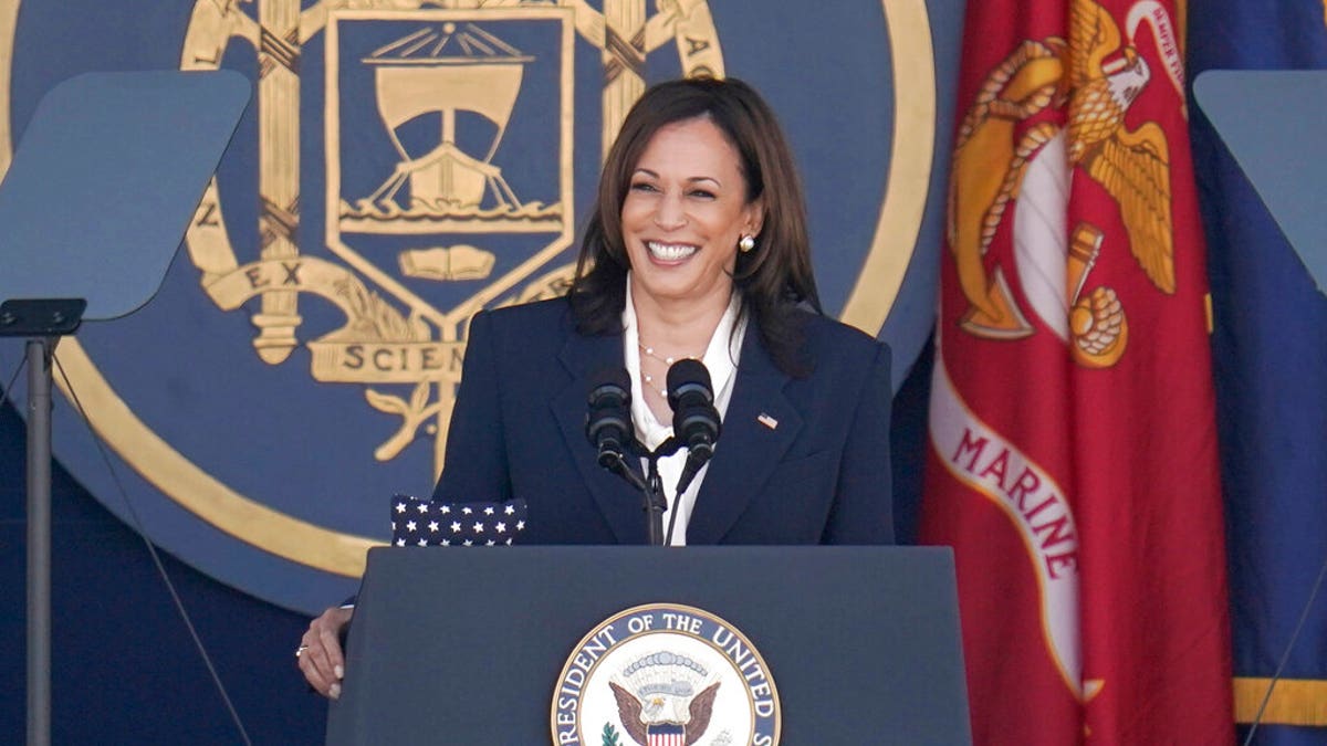 Vice President Kamala Harris speaks at the graduation and commission ceremony at the U.S. Naval Academy in Annapolis, Md., Friday, May 28, 2021.  (AP Photo/Julio Cortez)