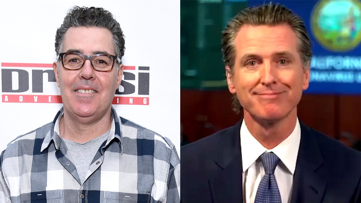 Side by side photos of Adam Carolla and Gavin Newsom