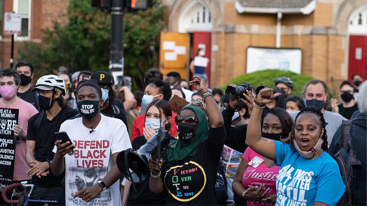 Community activist and congressional candidate Ameena Matthews, center, joins a protest of Chicago Mayor Lori Lightfoot near her home in the Logan Square neighborhood in Chicago, Illinois on May 20, 2021. (Photo by Max Herman/NurPhoto via Getty Images)