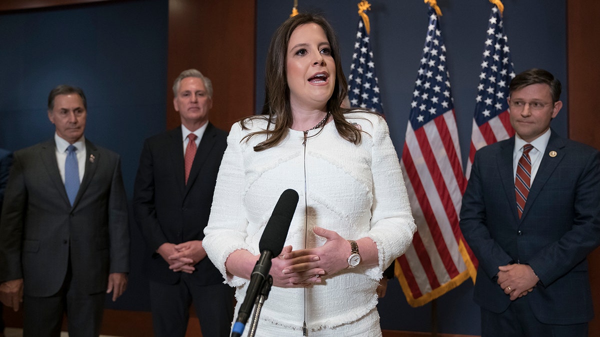 Rep. Elise Stefanik, R-N.Y., speaks to reporters at the Capitol in Washington, Friday, May 14, 2021, just after she was elected the new chair of the House Republican Conference, replacing Rep. Liz Cheney, R-Wyo. Stefanik represents a district in northern New York that makes up a significant part of the state's border with Canada. 