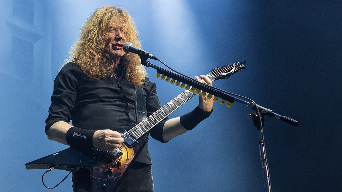 Guitarist and vocalist Dave Mustaine performing live on stage at Oslo Spektrum