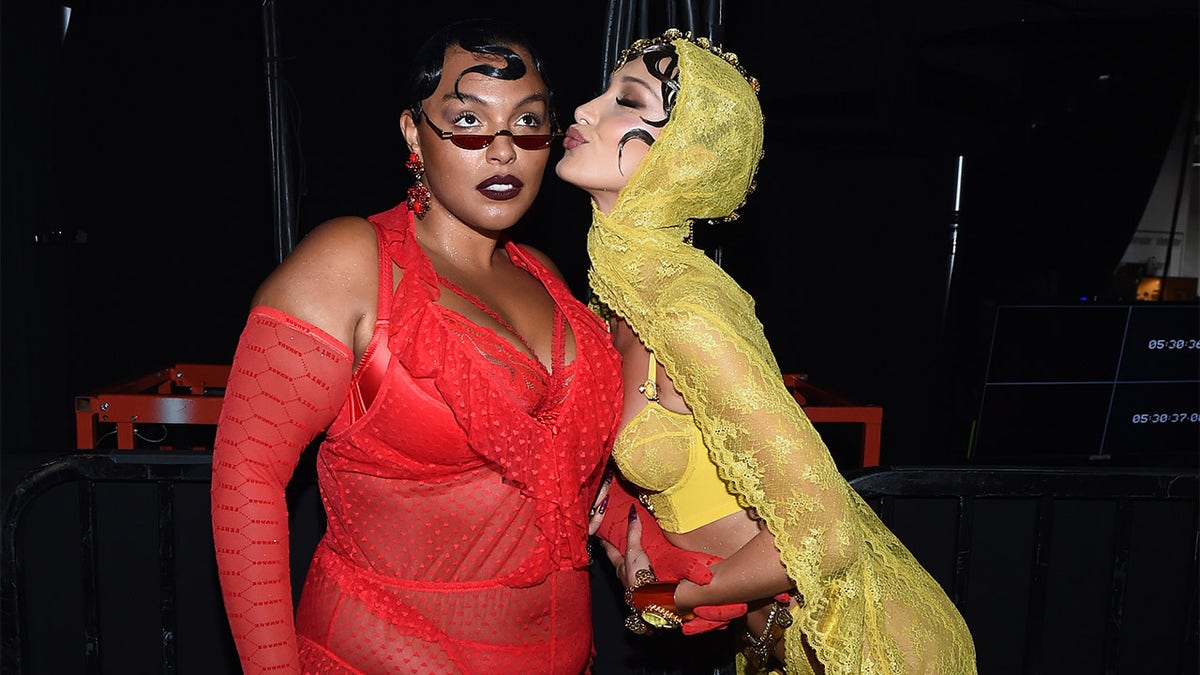 Paloma Elsesser and Bella Hadid (R) prepares backstage for Savage X Fenty Show Presented By Amazon Prime Video - Backstage at Barclays Center on September 10, 2019, in Brooklyn, New York. 