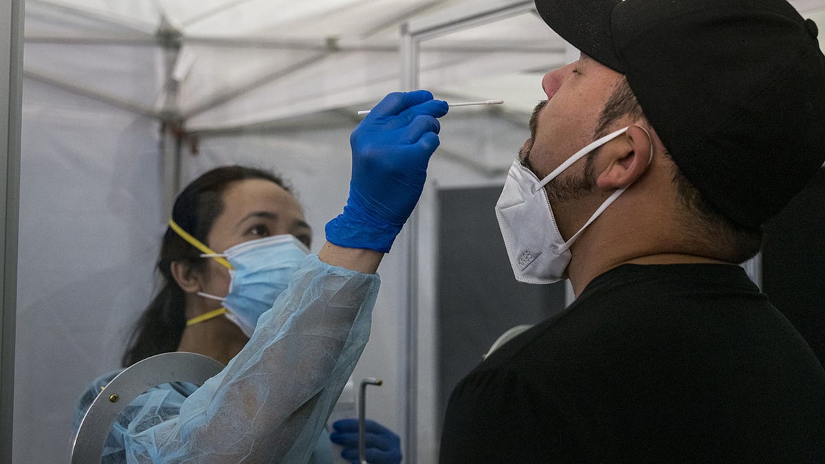 A medical worker wearing personal protective equipment administers a rapid COVID-19 test to a traveler at San Francisco International Airport in San Francisco, on Thursday, Oct. 15, 2020. United and Hawaiian Airlines are offering options for COVID-19 testing to passengers traveling to the state of Hawaii that will include at-home tests, drive-through testing, and in-person tests at the airport. (David Paul Morris/Bloomberg via Getty Images)