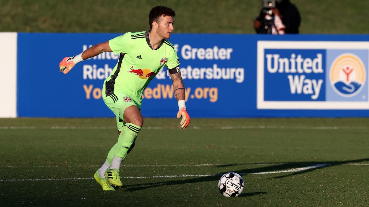 Goalkeeper Luca Lewis of New York Red Bulls II plays the ball during a game between North Carolina FC and New York Red Bulls II at City Stadium in Richmond, Virginia, on Sept. 30, 2020. (Getty Images)