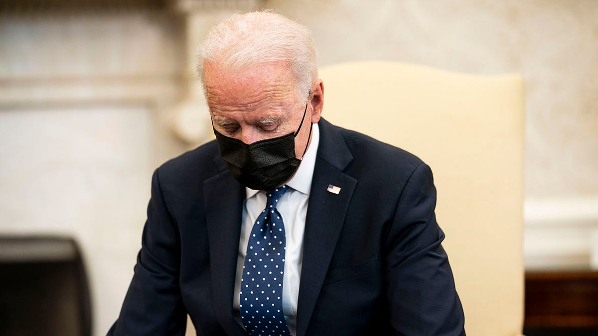 U.S. President Joe Biden pauses during a meeting with the leadership of the Congressional Hispanic Caucus in the Oval Office of the White House April 20, 2021 in Washington, DC. Biden spent most of the past week away from the White House amid a major international crisis. (Photo by Doug Mills-Pool/Getty Images)