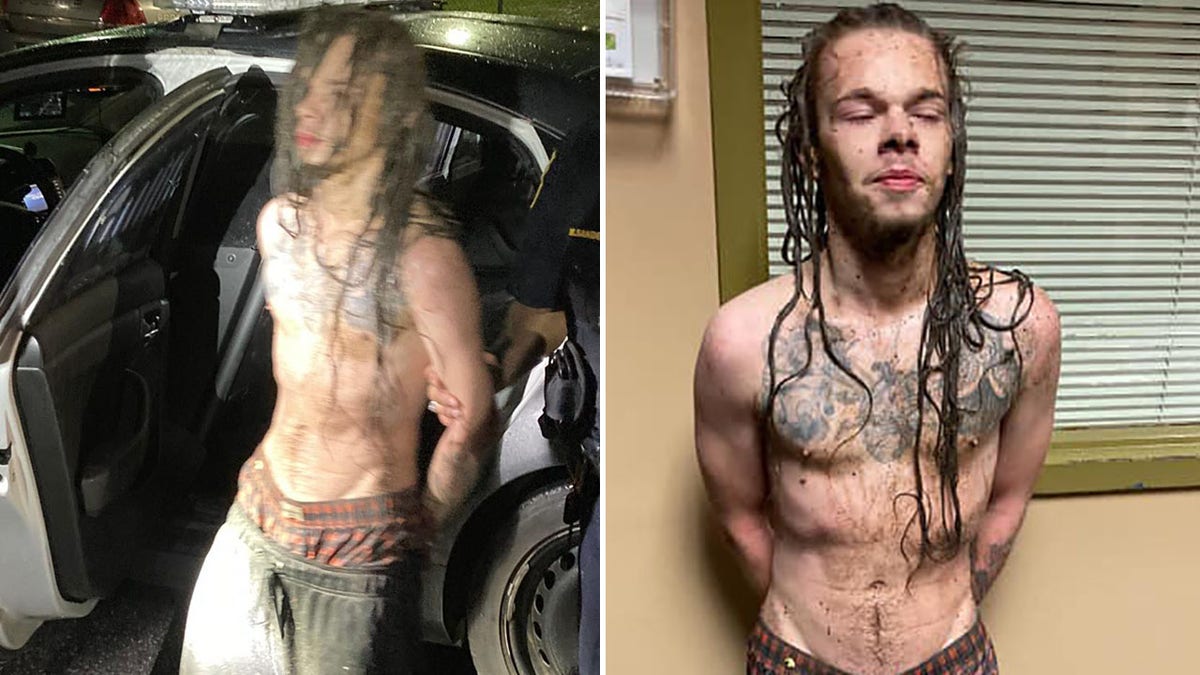 The sheriff’s office posted pictures of a muddy, shirtless and shoeless Davenport being detained.