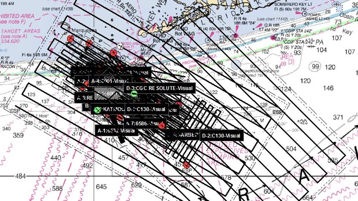 The graphic indicates the current search areas conducted by multiple organizations rescue assets and crews. (U.S. Coast Guard graphic).