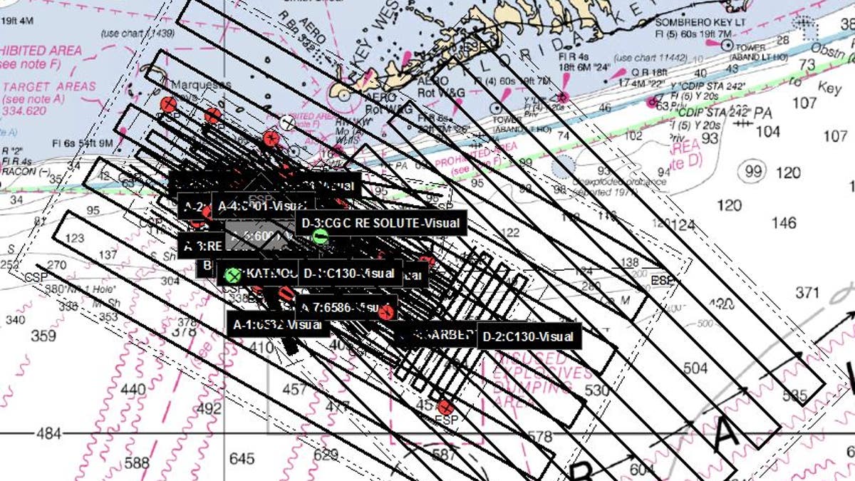 The graphic indicates the current search areas conducted by multiple organizations rescue assets and crews. (U.S. Coast Guard graphic).