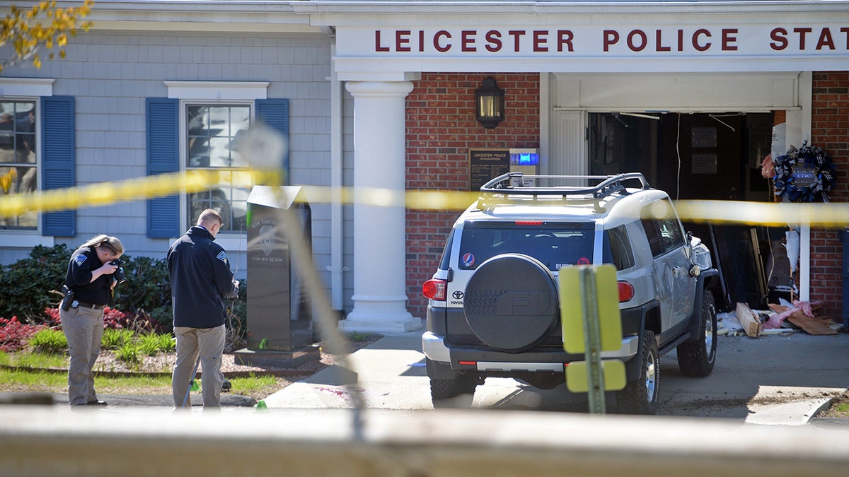 Leicester Police Chief Kenneth Antanavica said the vehicle was almost entirely inside the station's lobby when officers arrived.