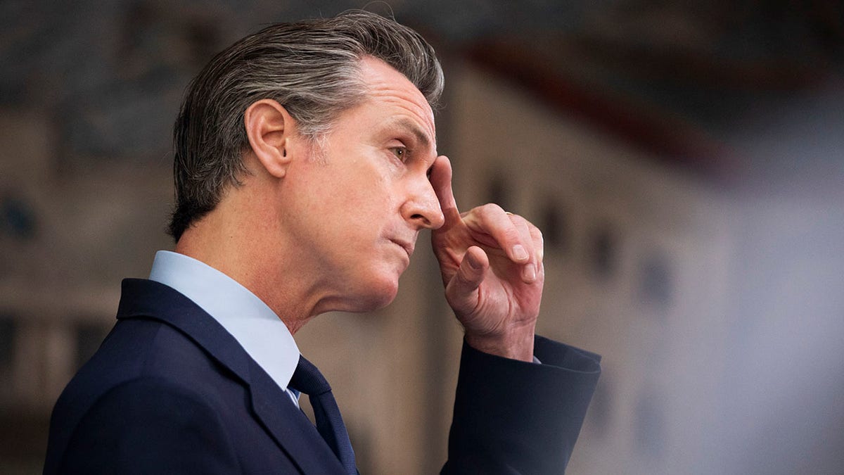 Gov. Gavin Newsom speaks during a news conference held at Unity Council career center in the Fruitvale neighborhood of Oakland, Calif., on Monday, May 10, 2021. (Jessica Christian/San Francisco Chronicle via AP)