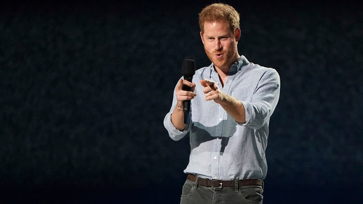 Prince Harry, Duke of Sussex, speaks at "Vax Live: The Concert to Reunite the World" on Sunday, May 2, 2021, at SoFi Stadium in Inglewood, Calif.