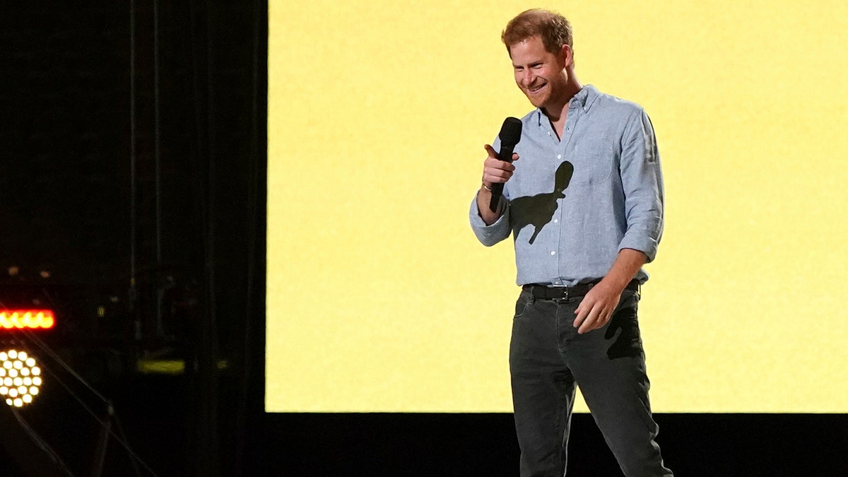 Prince Harry, Duke of Sussex, speaks at "Vax Live: The Concert to Reunite the World" on Sunday, May 2, 2021, at SoFi Stadium in Inglewood, Calif.