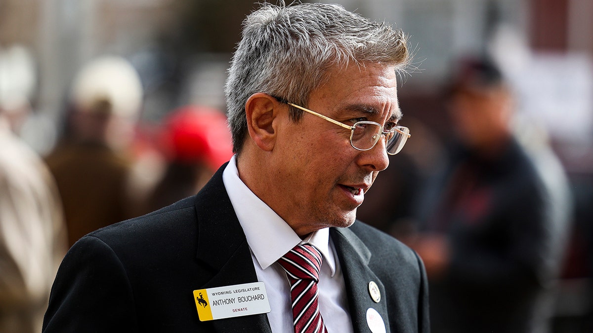 Wyoming state Sen. Anthony Bouchard, R-Cheyenne, who is challenging Rep. Liz Cheney, R-Wyo., in the primary race, speaks to supporters after a rally against Cheney on January 28, 2021 in Cheyenne, Wyoming. Bouchard will not be meeting with former President Donald Trump next week. (Photo by Michael Ciaglo/Getty Images)