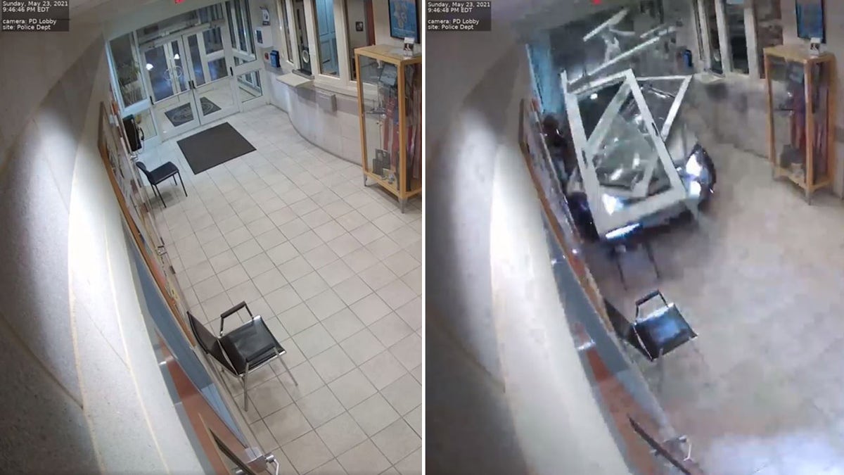 The moments before and after a vehicle crashed into the lobby of the station.