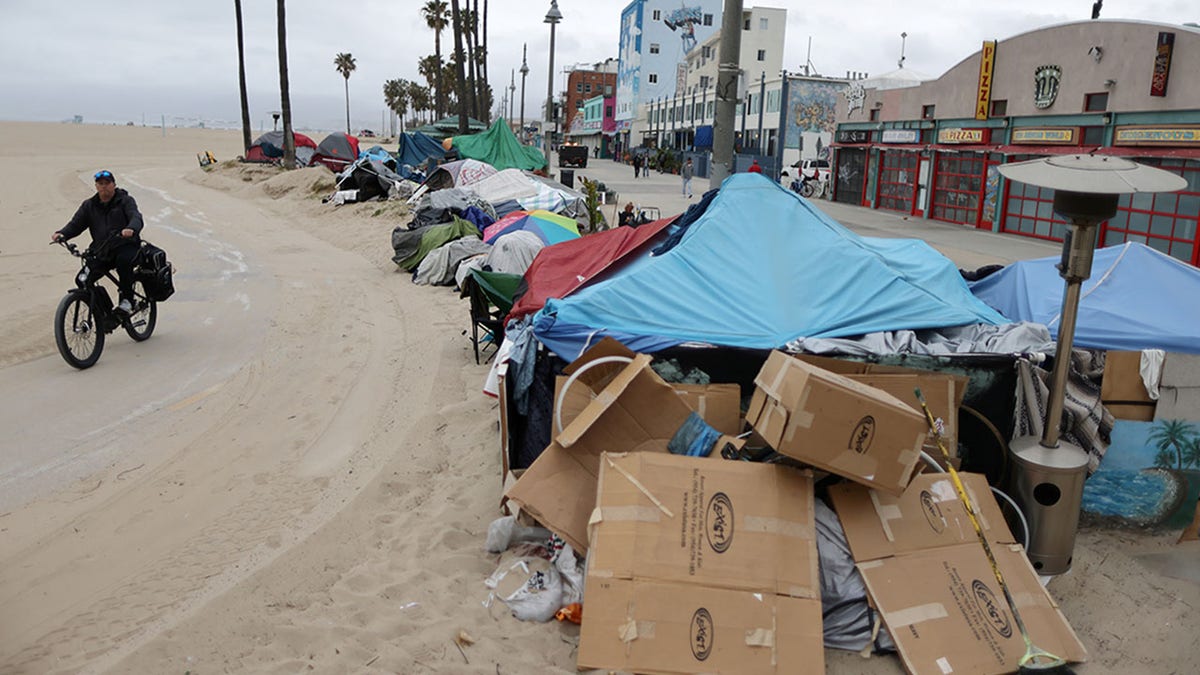 Homeless encampments line the bike path, as the coronavirus disease (COVID-19) disease pandemic continues, on Venice Beach in Los Angeles, California, U.S., April 13, 2021. REUTERS/Lucy Nicholson