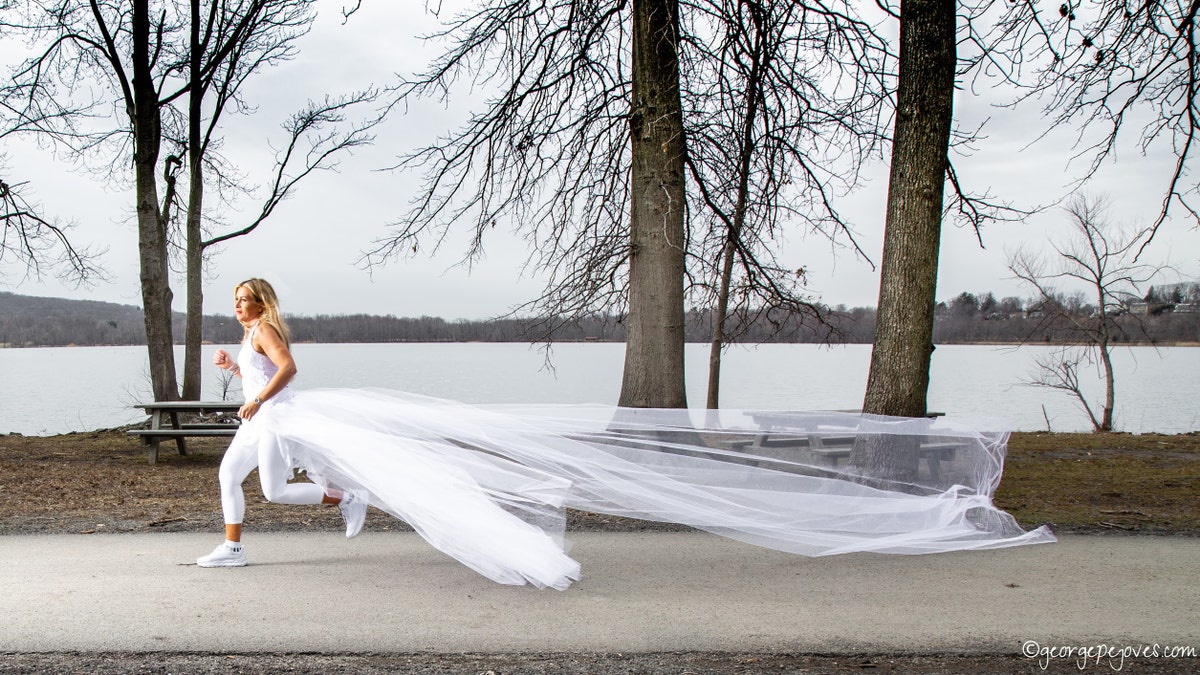 Vanessa Reiser is running 285 miles across the state of New York in 12 days while wearing her wedding dress and other bridal-inspired athletic attire to bring awareness to narcissistic domestic abuse.