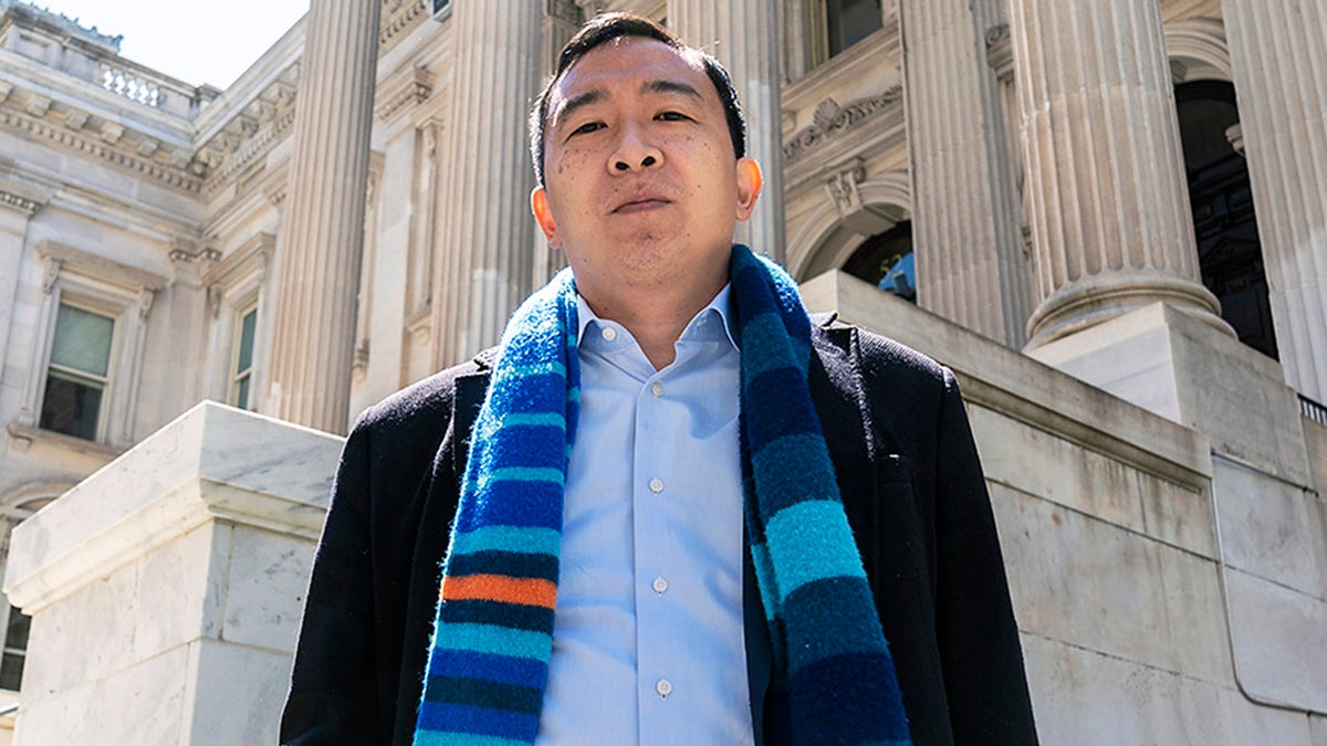 Mayoral candidate Andrew Yang speaking at a press conference outside Tweed Courthouse in New York City