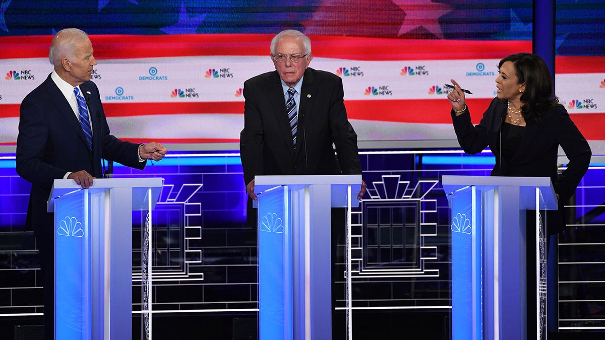 Joe Biden, Bernie Sanders and Kamala Harris during the second Democratic primary debate in Miami, Florida, June 27, 2019.