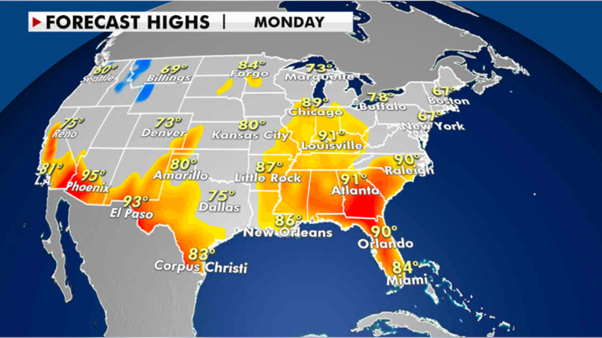 Forecast high temperatures for Monday. (Fox News)