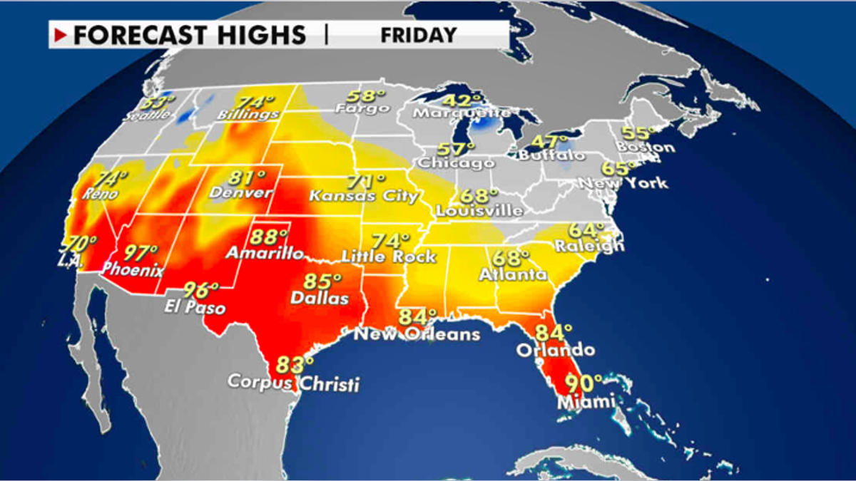 Expected high temperatures for Friday. (Fox News)