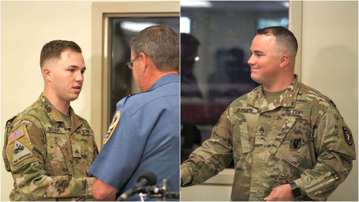 Staff Sgt. Richard Borges (right) and Sgt. Austin Childers (left) of the Buford Army Recruiting Station happened to be nearby at the time of the shooting and rushed into action when they heard the gunshots in a store parking lot on April 5, according to Gwinnett County Police. 