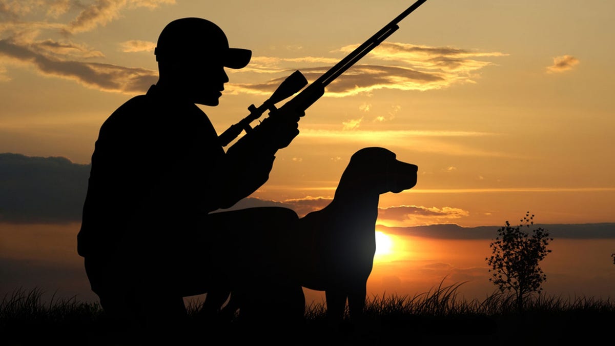 Hunter with his dog silhouettes on sunset background