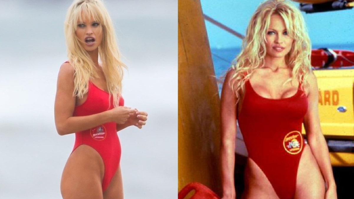 Lily James stuns in iconic red Baywatch swimsuit as Pamela