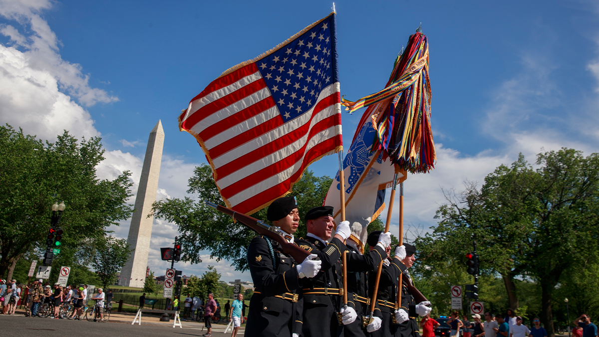 2019/05/27: United States Army Soldiers last marched in the National Memorial Day Parade in Washington D.C. on May 27, 2019. The parade was canceled in 2020 due to COVID-19. (Jeremy Hogan/SOPA Images/LightRocket via Getty Images)