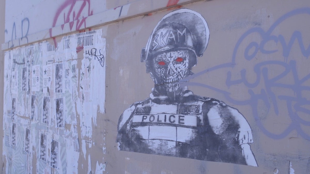 Graffiti covers the Portland Police Association building in Portland, Oregon.