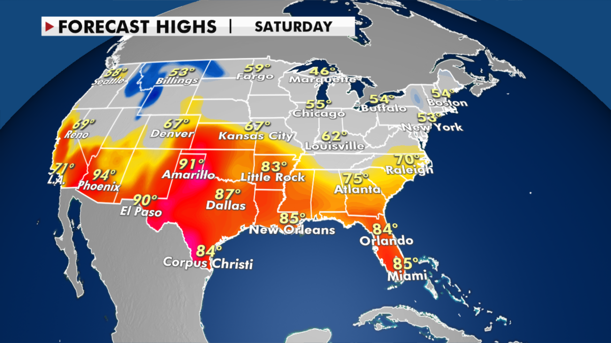 Forecast high temperatures for Saturday. (Fox News)